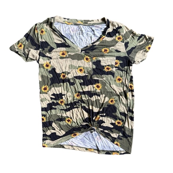 Juniors Camo with Sunflowers V-Neck Shirt - Picture 2 of 3